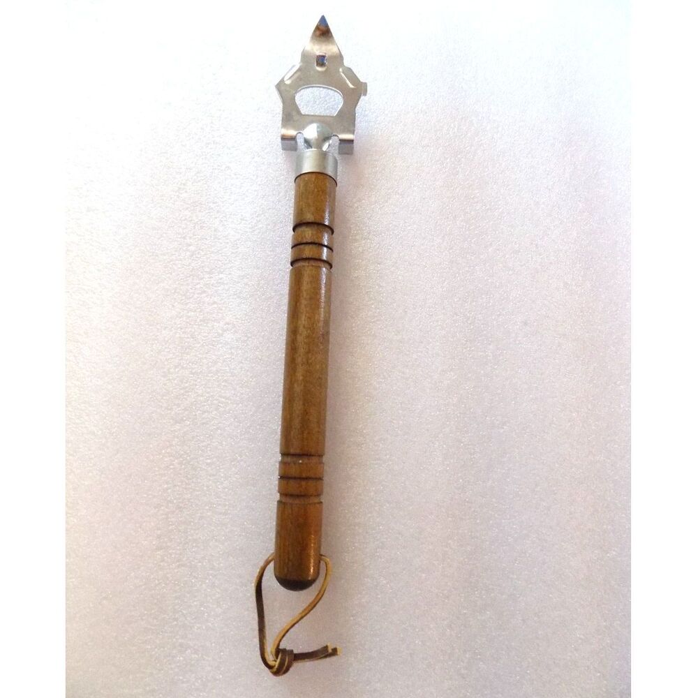 Vtg 1970s Handheld Can and Bottle Opener with Wood Handle & Leather Hanging Cord